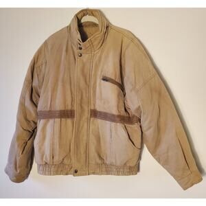 Vtg Mirage Mens M Canvas Leather Trim Bomber Jacket Beige Quilt Lined Zip Hood